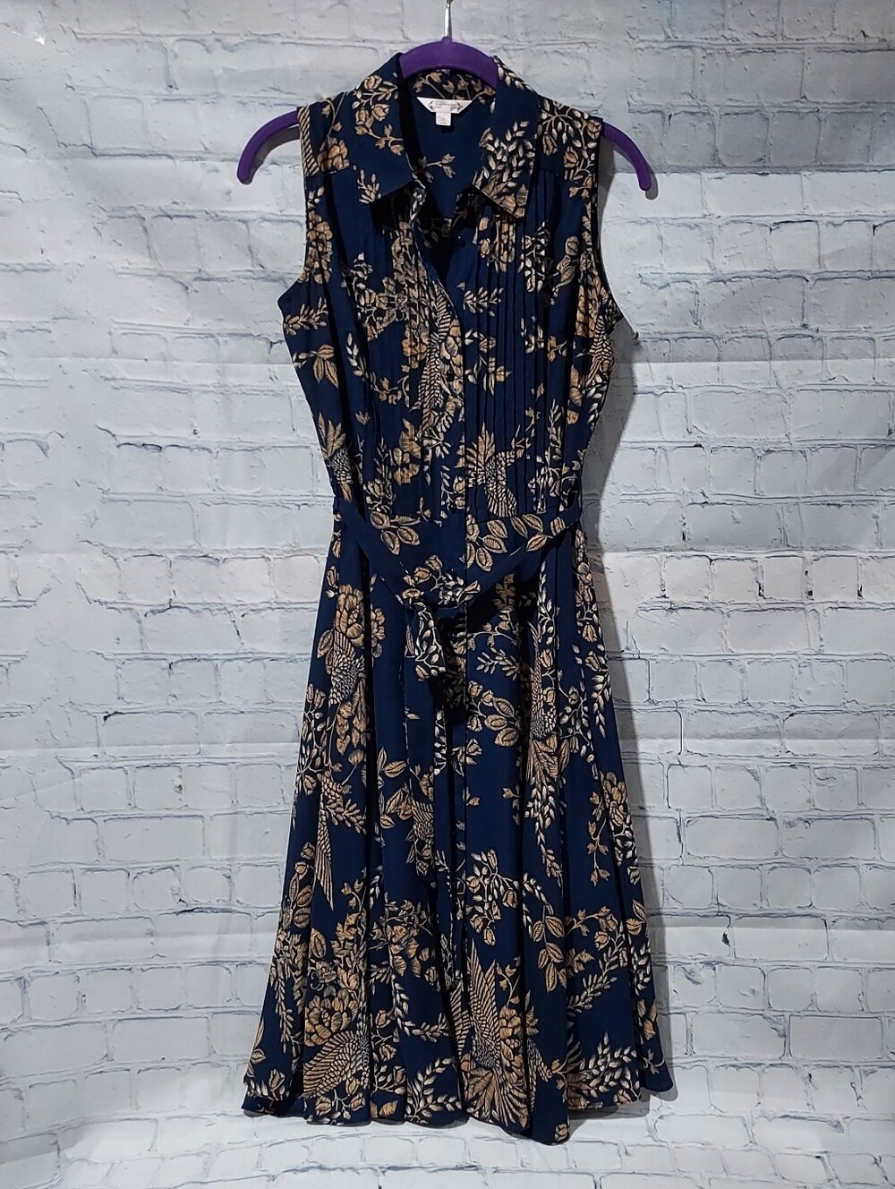 NANETTE LEPORE Size 2 Dress Navy Floral Birds Button Pleats Knee Sleeveless FLAW